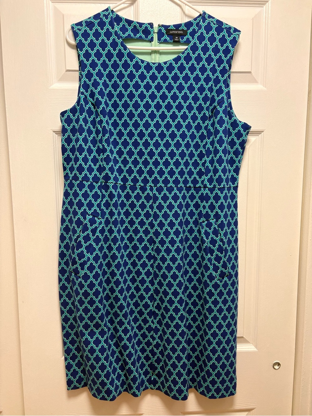 Lands' End Blue Dress with Teal Geometric Print